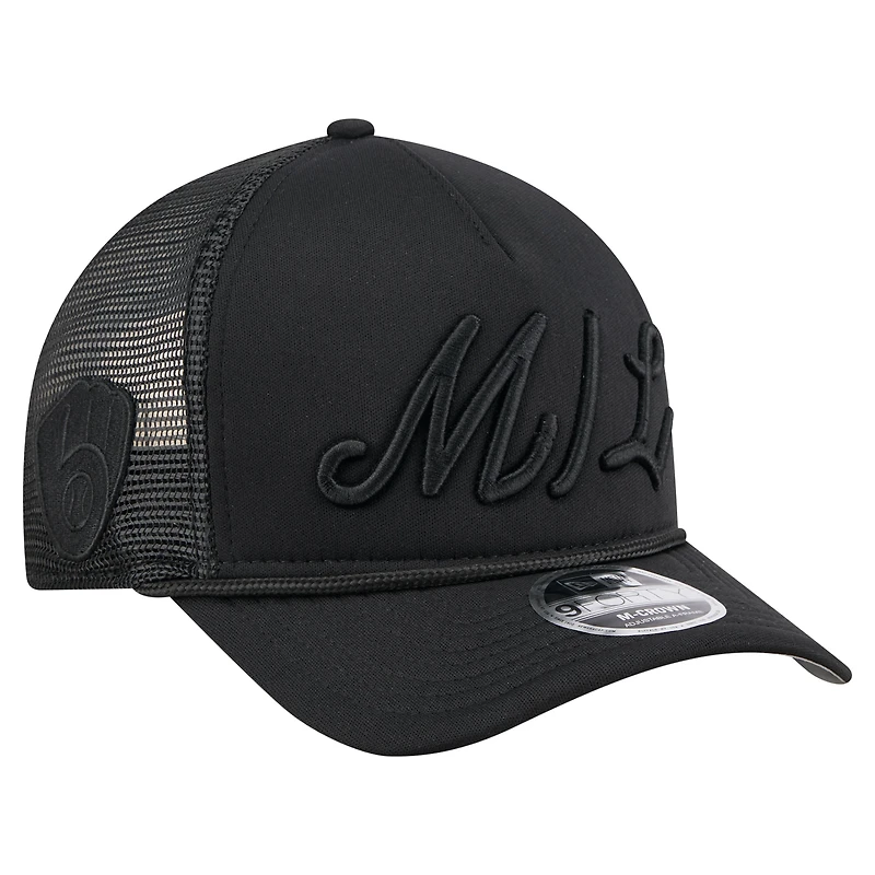 Men's New Era Black Milwaukee Brewers City Initial 9FORTY A-Frame M-Crown Adjustable Trucker Hat