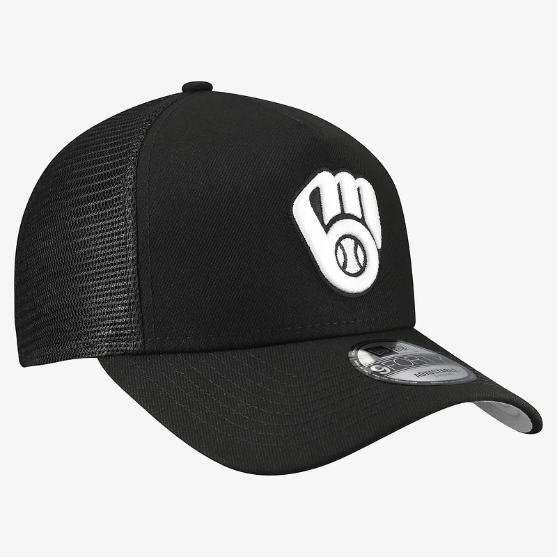 Men's New Era Black Milwaukee Brewers Side Script 9FORTY A-Frame Trucker Adjustable Hat