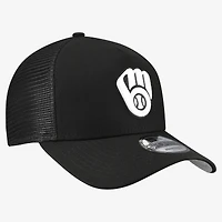 Men's New Era Black Milwaukee Brewers Side Script 9FORTY A-Frame Trucker Adjustable Hat