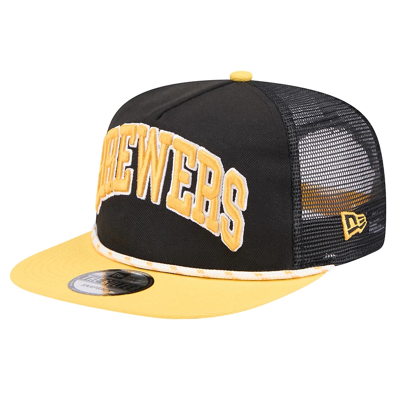 Casquette de golfeur Milwaukee Brewers Throwback Meshback New Era noir/or pour hommes