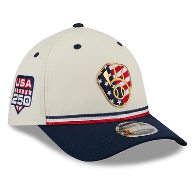 Men's New Era Cream/Navy Milwaukee Brewers USA 250 Fourth of July 39THIRTY M-Crown Flex Hat