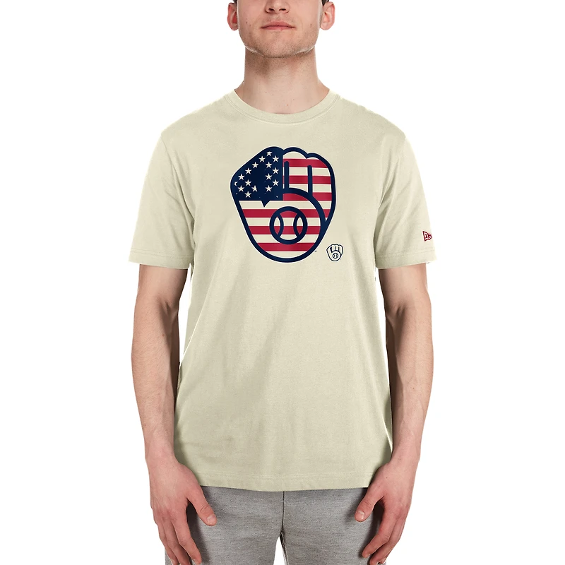 Men's New Era Cream Milwaukee Brewers Americana Flag Fill T-Shirt