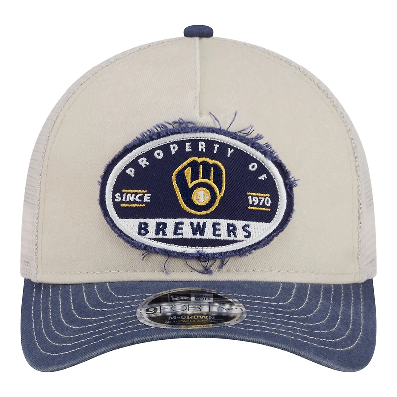 Men's New Era Light Beige/Navy Milwaukee Brewers Frayed M-Crown A-Frame 9FORTY Trucker Adjustable Hat