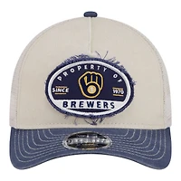 Men's New Era  Light Beige/Navy Milwaukee Brewers Frayed M-Crown A-Frame 9FORTY Trucker Adjustable Hat