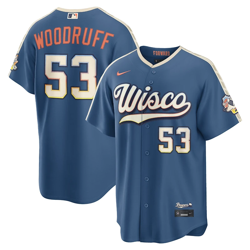 Maillot Nike Brandon Woodruff bleu minéral Milwaukee Brewers 2026 City Connect Stadium pour homme
