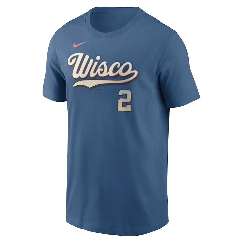 T-shirt Nike Brice Turang bleu minéral Milwaukee Brewers City Connect pour homme, avec nom et numéro