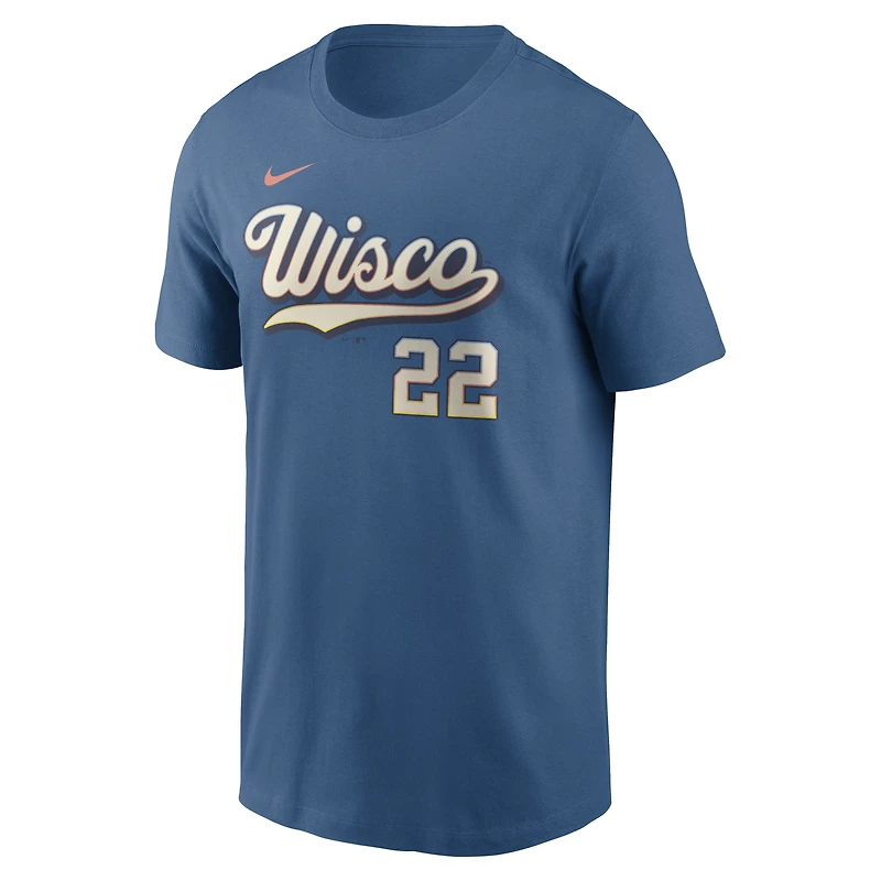 Men's Nike Christian Yelich Blue Milwaukee Brewers 2026 City Connect Name & Number T-Shirt