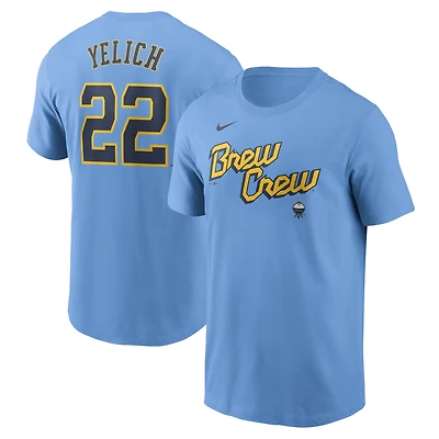 T-shirt avec nom et numéro Nike Christian Yelich pour homme, bleu poudre, Milwaukee Brewers City Connect Fuse