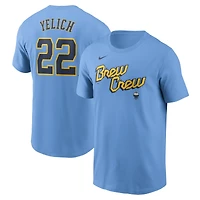 T-shirt avec nom et numéro Nike Christian Yelich pour homme, bleu poudre, Milwaukee Brewers City Connect Fuse