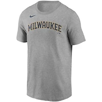 T-shirt Nike Christian Yelich pour hommes, gris, nom et numéro des Milwaukee Brewers
