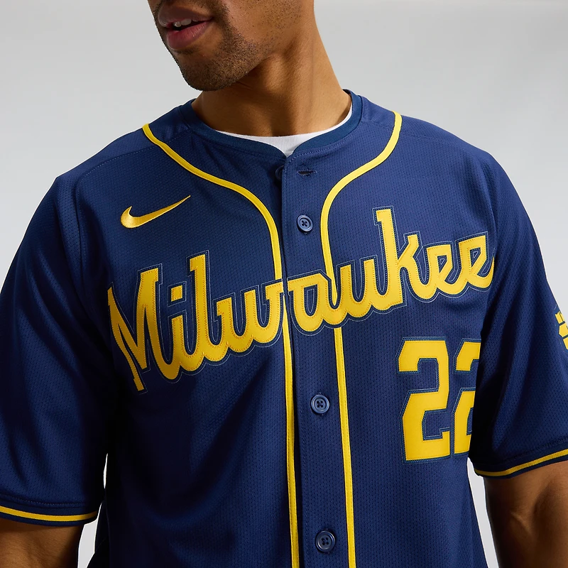 Maillot Nike Christian Yelich bleu marine pour homme des Milwaukee Brewers, édition limitée alternative