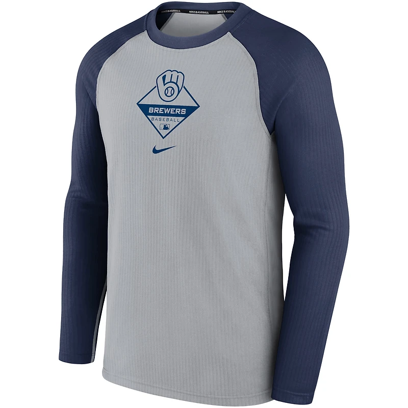 Men's Nike Gray/Navy Milwaukee Brewers Authentic Collection Game Performance Raglan - Long Sleeve T-Shirt