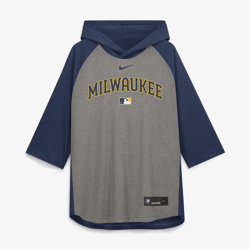 T-shirt à capuche Nike Authentic Collection Flux Dri-FIT gris pour homme, Milwaukee Brewers, manches 3/4 raglan