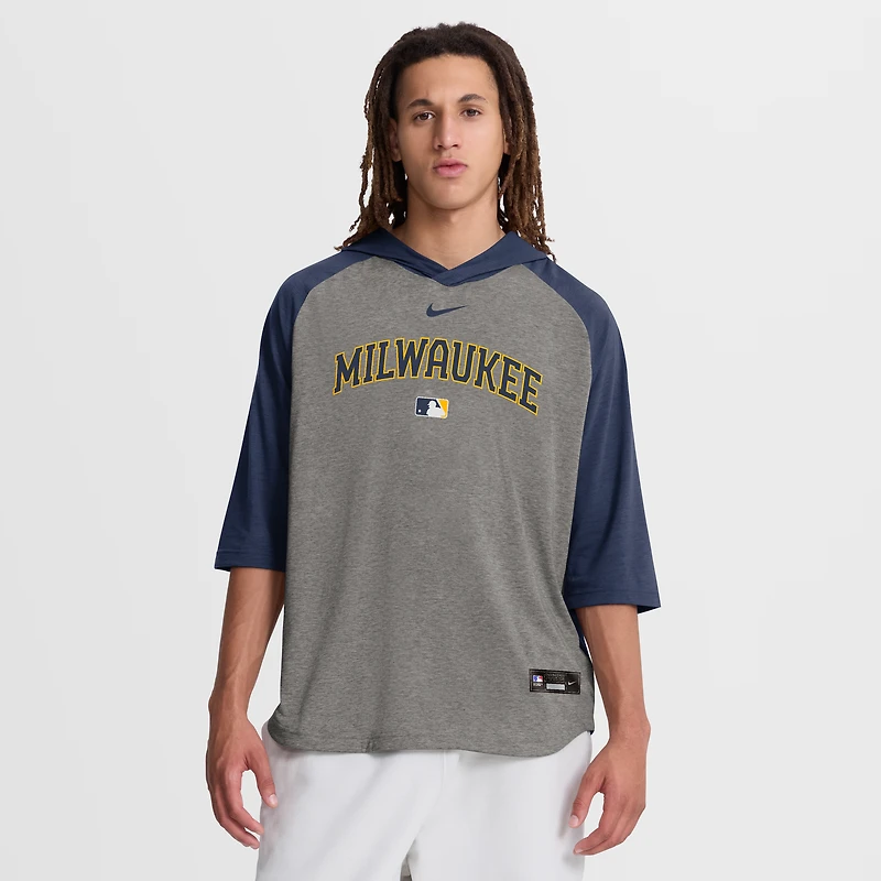 T-shirt à capuche Nike Authentic Collection Flux Dri-FIT gris pour homme, Milwaukee Brewers, manches 3/4 raglan