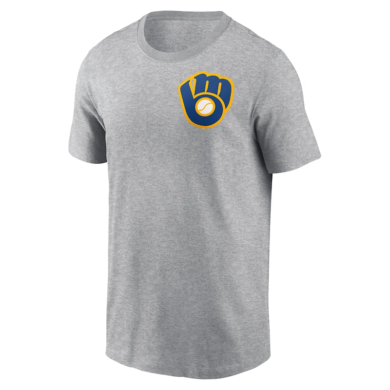 T-shirt Nike gris chiné pour homme, collection Cooperstown, grand logo 2-Hit des Milwaukee Brewers