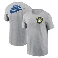 T-shirt Nike gris chiné pour homme, collection Cooperstown, grand logo 2-Hit des Milwaukee Brewers
