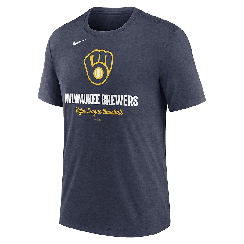 T-shirt Nike bleu marine chiné pour homme avec logo tri-blend des Milwaukee Brewers