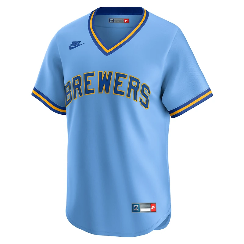 Maillot Nike bleu clair pour homme des Milwaukee Brewers, collection Cooperstown, édition limitée