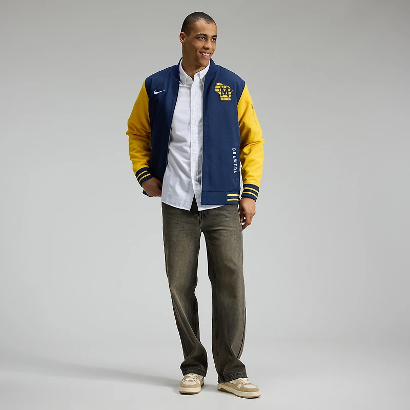 Men's Nike Navy/Gold Milwaukee Brewers Authentic Collection Dugout Relaxed Full-Zip Bomber Jacket