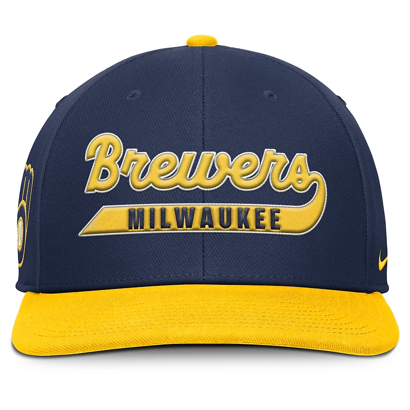 Casquette Nike Pro Performance Snapback bleu marine/doré pour homme des Milwaukee Brewers