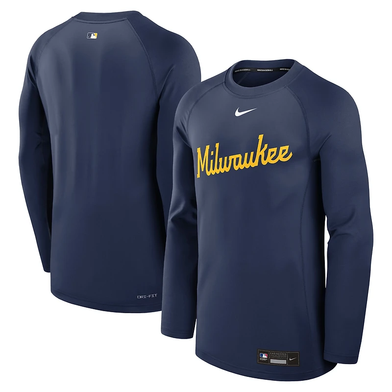 T-shirt à manches longues Nike Brewers Milwaukee Authentic Collection Game Time Raglan Dri-FIT pour homme, bleu marine
