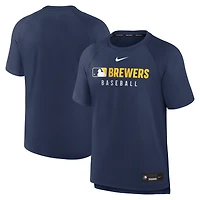 T-shirt Nike bleu marine pour homme, collection authentique des Milwaukee Brewers, raglan Dri-FIT d'avant-match