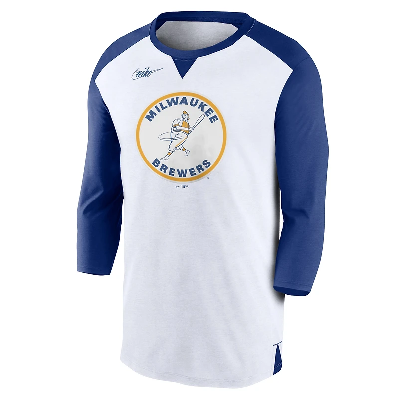 T-shirt à manches 3/4 pour homme Nike Milwaukee Brewers Rewind - Blanc/Bleu royal