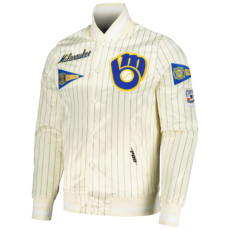 Veste Pro Standard crème pour hommes Milwaukee Brewers Cooperstown Collection Pinstripe Retro Classic Satin Full-Snap Jacket