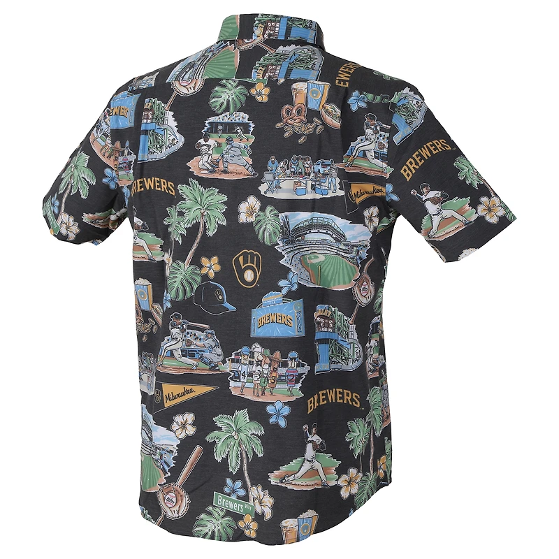 Chemise hawaïenne à boutons Reyn Spooner Navy Milwaukee Brewers pour homme, grandes tailles, performance scénique, mélange de trois matières, style Aloha.