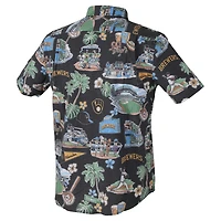 Chemise hawaïenne à boutons Reyn Spooner Navy Milwaukee Brewers pour homme, grandes tailles, performance scénique, mélange de trois matières, style Aloha.