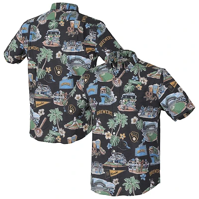 Chemise hawaïenne à boutons Reyn Spooner Navy Milwaukee Brewers pour homme, grandes tailles, performance scénique, mélange de trois matières, style Aloha.