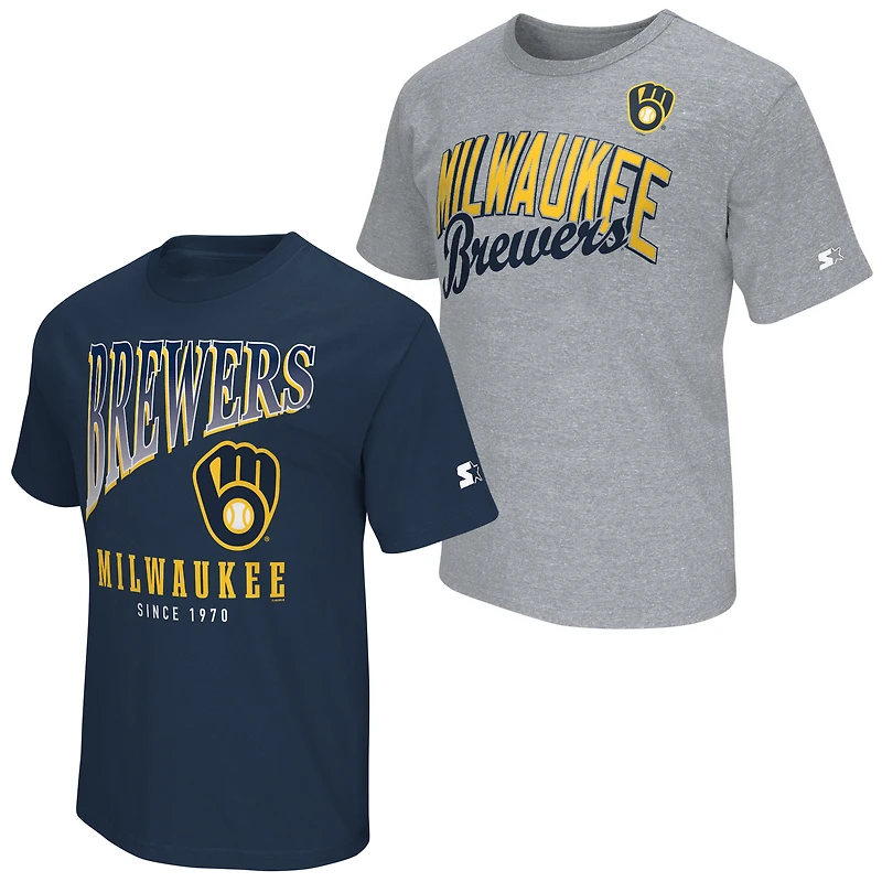 Lot de deux t-shirts Starter pour homme, bleu marine/gris chiné, Milwaukee Brewers