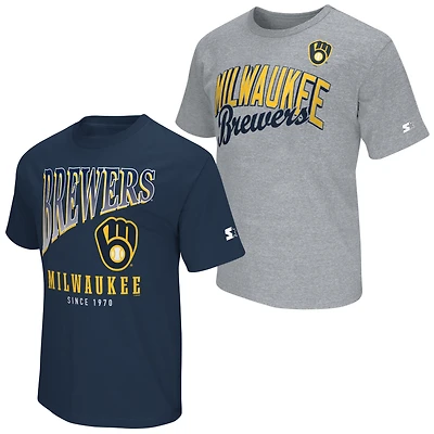 Lot de deux t-shirts Starter pour homme, bleu marine/gris chiné, Milwaukee Brewers