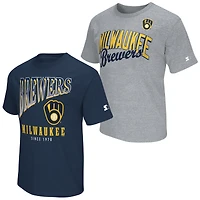 Lot de deux t-shirts Starter pour homme, bleu marine/gris chiné, Milwaukee Brewers