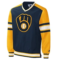 Men's Starter Navy Milwaukee Brewers Yardline V-Neck Pullover Windbreaker