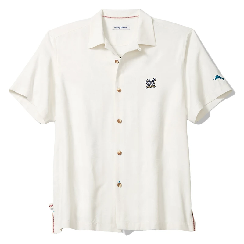 Chemise boutonnée Tommy Bahama blanche pour homme, Milwaukee Brewers Island Fly Ball Camp, en mélange de trois fibres COOLMAX.