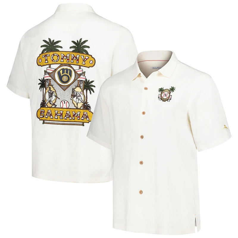 Chemise de camp boutonnée Tommy Bahama blanche des Milwaukee Brewers Pitcher's Paradiso pour hommes