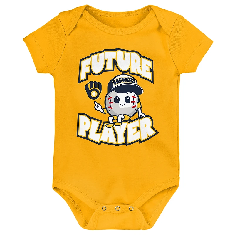Newborn & Infant Gold/Navy/White Milwaukee Brewers Minor League Player Three-Pack Bodysuit Set