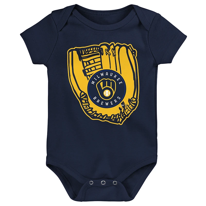 Ensemble de trois bodies pour nouveau-né et nourrisson, or/marine/blanc, joueur ligue mineure des Milwaukee Brewers