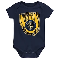 Ensemble de trois bodies pour nouveau-né et nourrisson, or/marine/blanc, joueur ligue mineure des Milwaukee Brewers