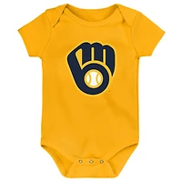 Lot de 3 bodys pour nouveau-nés et nourrissons dorés/blancs/gris chinés Milwaukee Brewers Biggest Little Fan