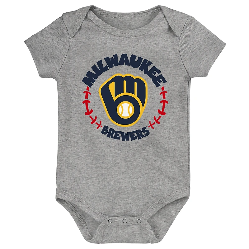Lot de 3 bodys pour nouveau-nés et nourrissons dorés/blancs/gris chinés Milwaukee Brewers Biggest Little Fan