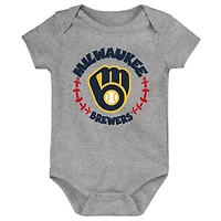 Lot de 3 bodys pour nouveau-nés et nourrissons dorés/blancs/gris chinés Milwaukee Brewers Biggest Little Fan