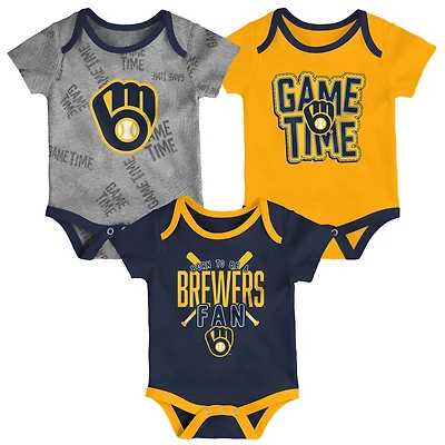 Newborn & Infant Milwaukee Brewers Navy/Gold/Heathered Gray Game Time Three-Piece Bodysuit Set