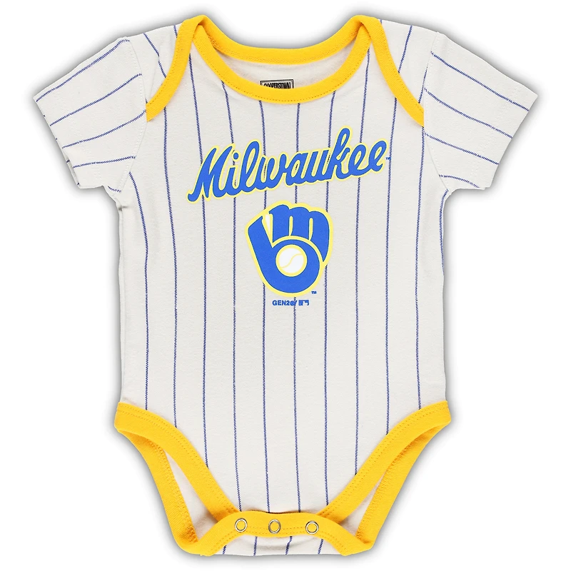 Newborn Royal/Gold/Cream Milwaukee Brewers Three-Pack Number One Bodysuit