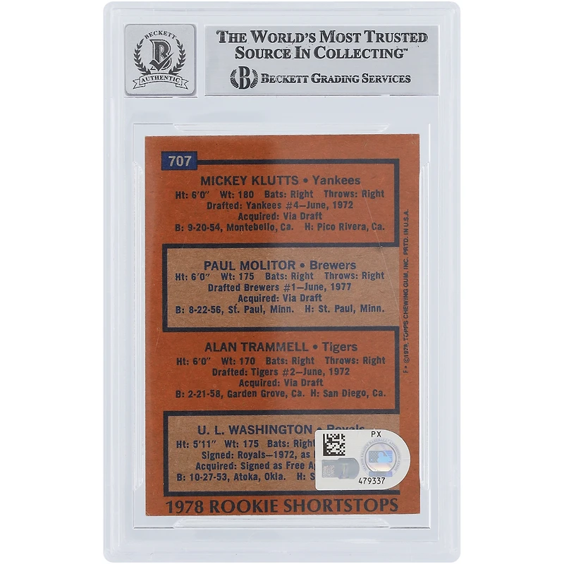 Paul Molitor Milwaukee Brewers Autographié 1978 Topps Rookie Shortstoppers #707 Beckett Fanatics Witnessed Authenticed 10 Rookie Card avec l'inscription "HOF 04"