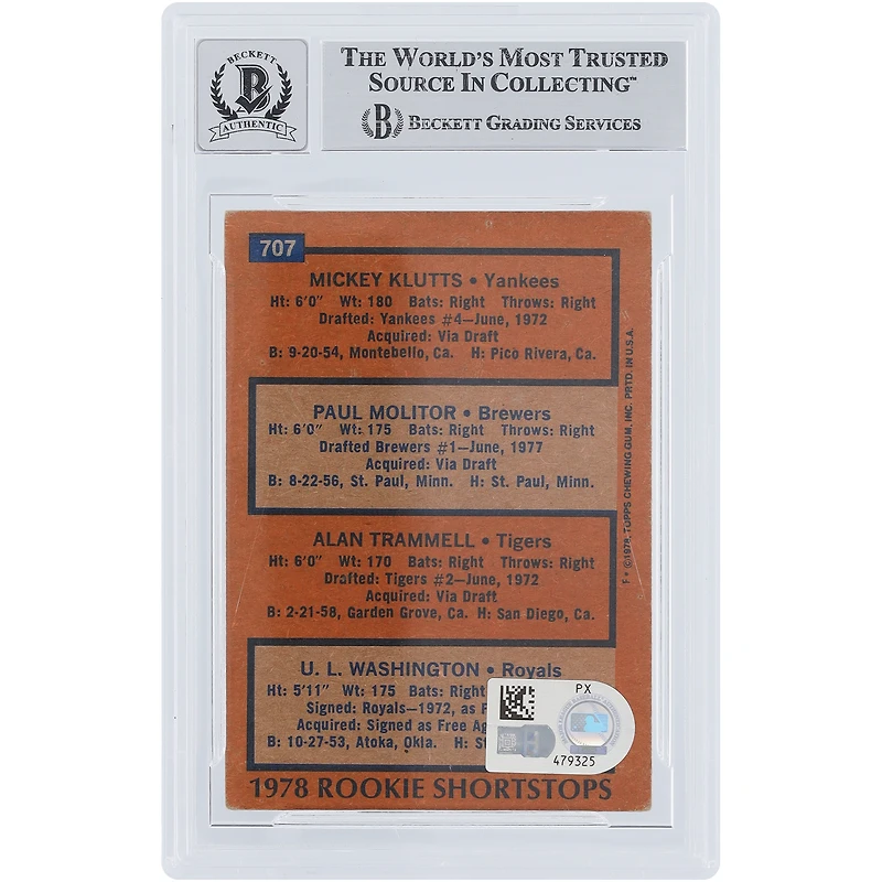 Paul Molitor Milwaukee Brewers Autographed 1978 Topps Rookie Shortstops #707 Beckett Fanatics Witnessed Authenticated 10 Rookie Card