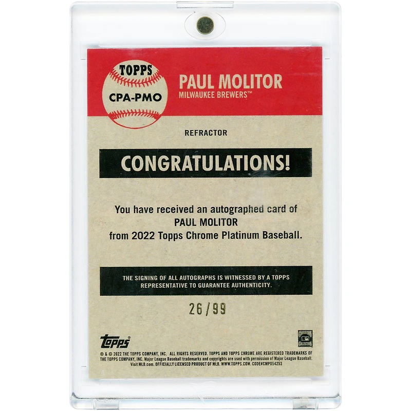 Paul Molitor Milwaukee Brewers Autographed 2022 Topps Chrome Platinum Anniversary Blue Refractor #CPA-PMO #26/99 Card