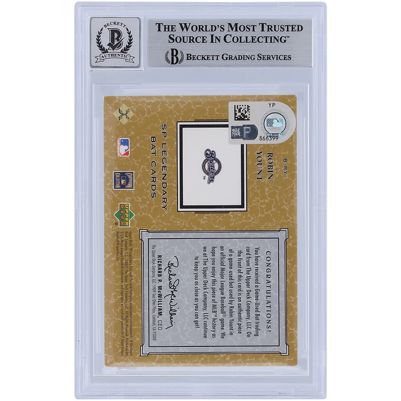 Robin Yount Milwaukee Brewers Autographié 2001 Upper Deck SP Legendary Cuts Game Bat Relic #B-RY Beckett Fanatics Witnessed Authenticated 10 Card