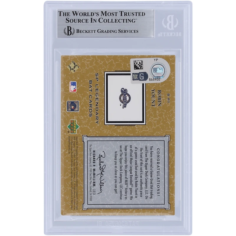 Robin Yount Milwaukee Brewers Autographed 2001 Upper Deck SP Legendary Cuts Game Bat Relic #B-RY Beckett Fanatics Witnessed Authenticated Card 